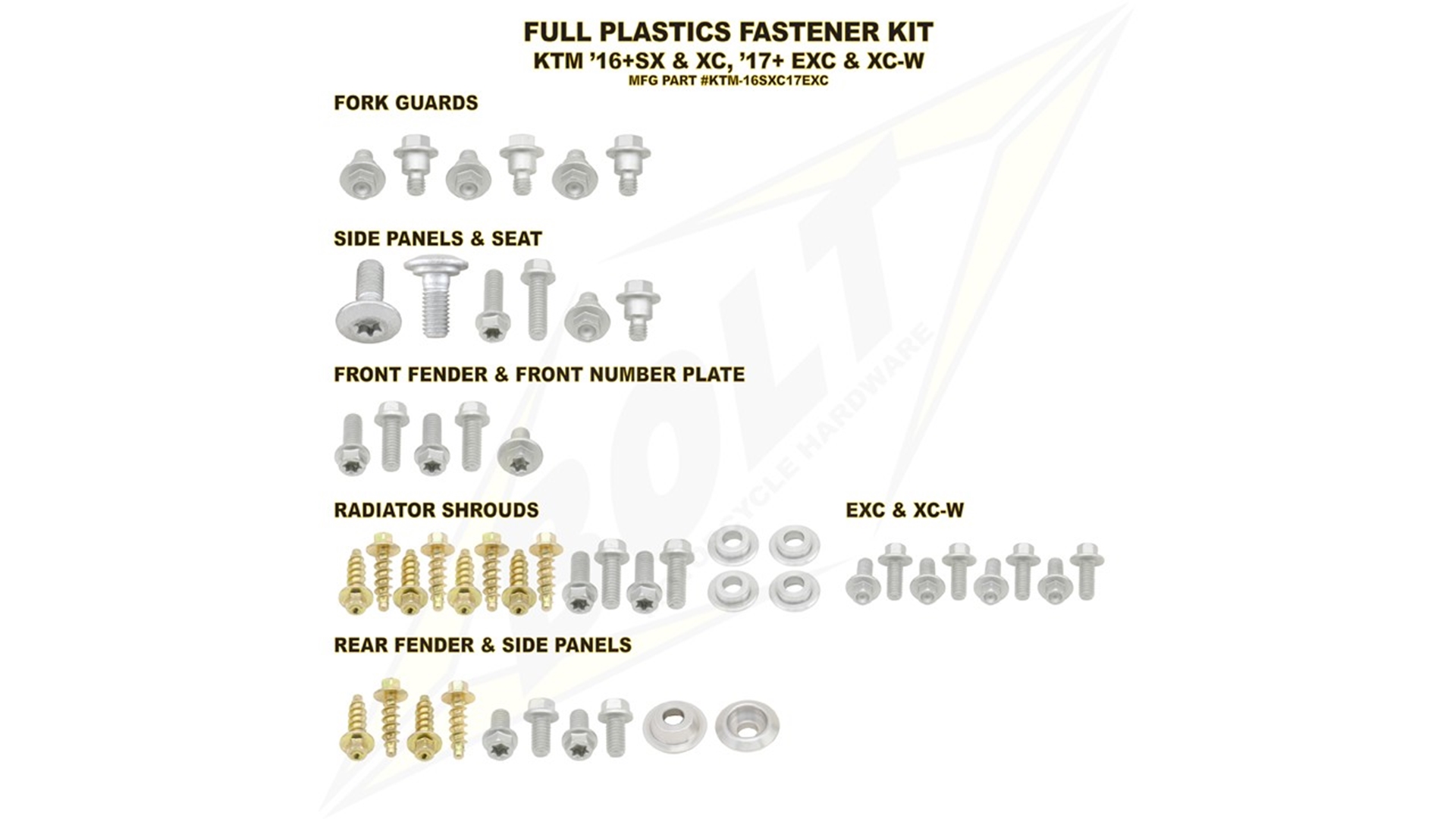 ZAP TECHNIX sada šroubů plastů KTM SX(F) 16-18 EXC(F) 17-19 uni dle moto